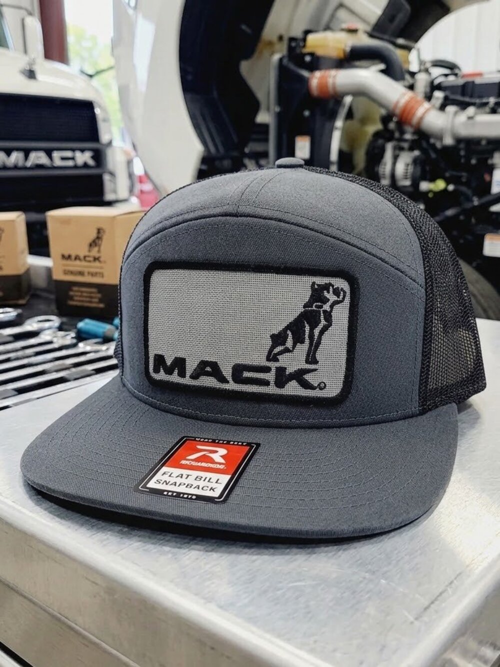 Retro Bulldog Semi Truck Hat Heavy Diesel Grey Black Richardson Flat Bill Cap US